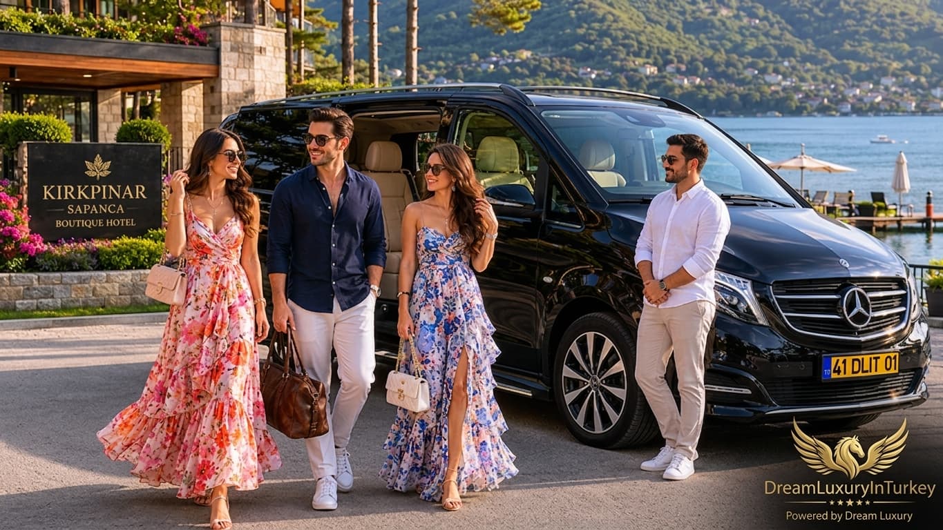 Guests in summer dress arriving at a Sapanca lakeside boutique hotel beside the black Mercedes Vito